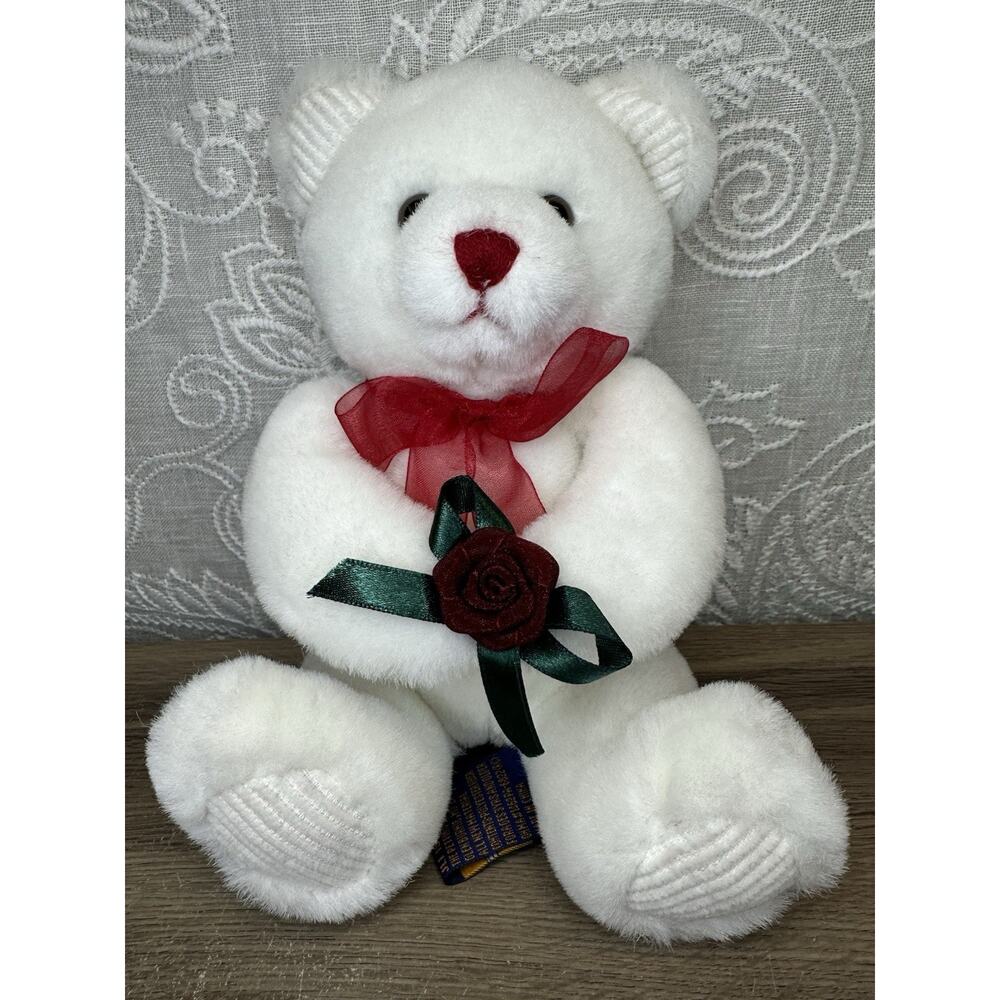 The Petting Zoo Plush White Teddy Bear Holding Red Rose Bow Ribbed Feet 9” 1994